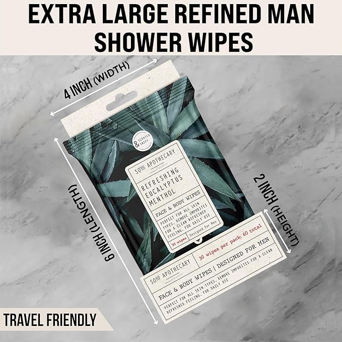 BLKSMITH Face & Body Wipes for Men - Travel Essentials With Activated Charcoal & Menthol Eucalyptus - Total 60 - Ideal Cool Gifts for Men 30x2 - Body Wipes Ideal for Gym, Office, or Outdoors, 2 Pack
