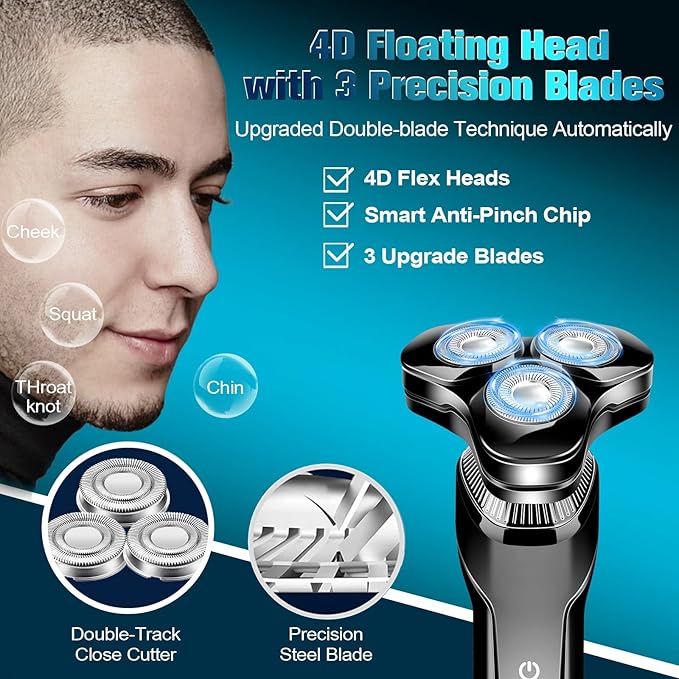 Men's Electric Razor, Upgraded 4D Floating Magnetic Blade Head Rotary Shaver, 3-in-1 Multifunctional for Beard/Nose/Sideburns, IPX7 Waterproof Rechargeable Cordless Shaver, Turbo Speed, Gift for Men