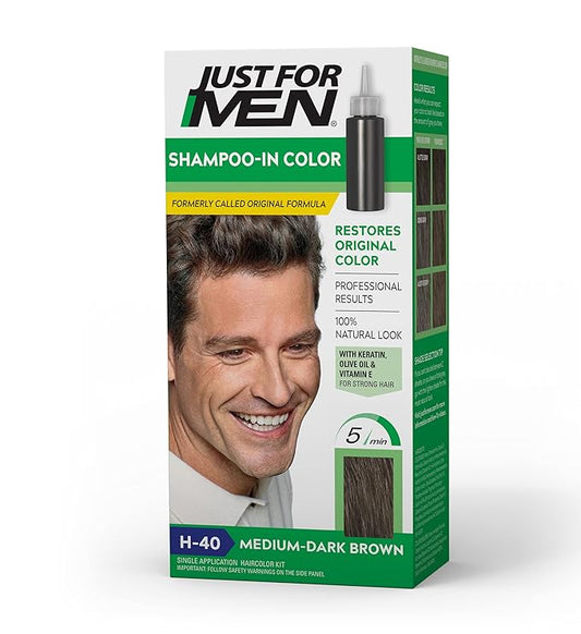 Just For Men Shampoo-In Color (Formerly Original Formula), Mens Hair Color with Keratin and Vitamin E for Stronger Hair - Medium-Dark Brown, H-40, Pack of 1