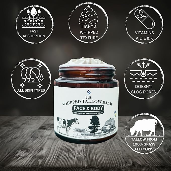ELHI Whipped Beef Tallow Skin Moisturizer, 100% Grass Fed, Face and Body Balm, For Women & Men, 4 OZ, (VANILLA LAVENDER)