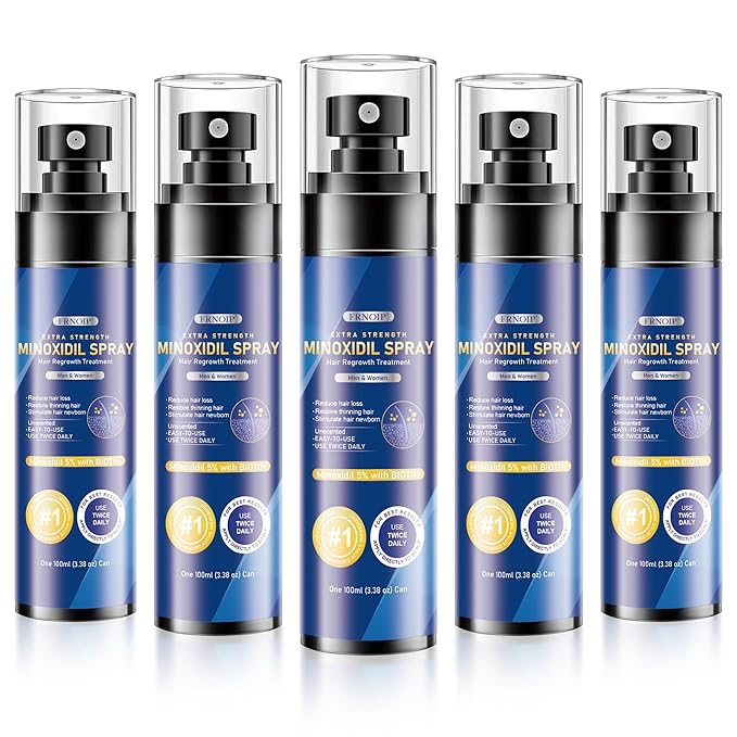 5% Minoxidil Spray for men & Women-5 pack，Infused with Biotin, Hair Regrowth for Men，Hair Loss Treatments for Women，Supports Thicker，Fuller Hair & Beard (17.5oz, 8 - Month Supply)