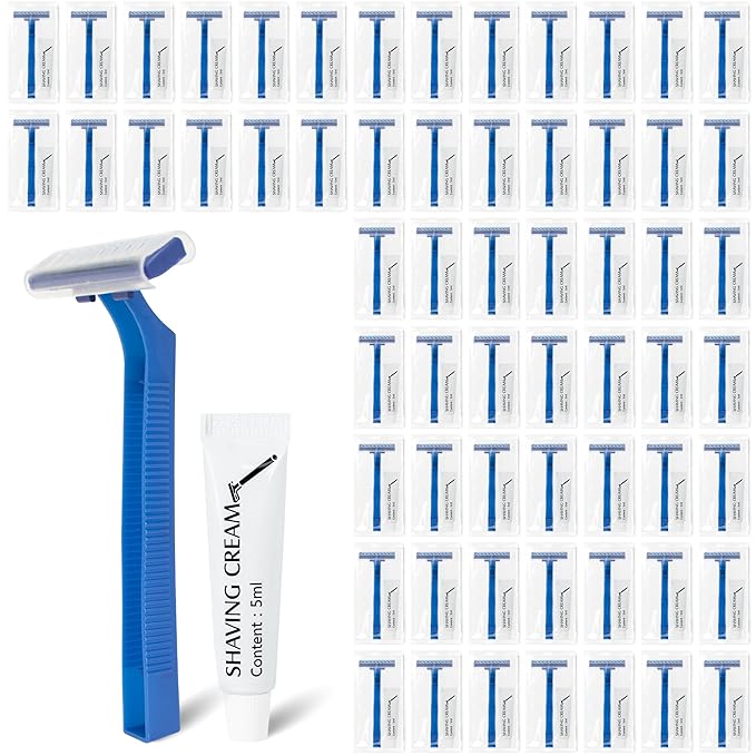 Disposable Razors Bulk, Razors Individually Wrapped Bulk With Shaving Cream, For Hotels, Shelters, Homeless, Nursing Homes, Charities, Churches, Blue (60-PACK)