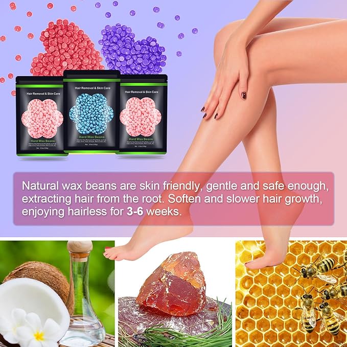 Wax Beads for Hair Removal 10.5oz (300g), Auperwel Hard Wax Beads Beans for Sensitive Skin Brazilian Waxing, Face, Bikini, Eyebrow, Legs, Painless for Women Men, 3 packs Kit with 10 Sticks