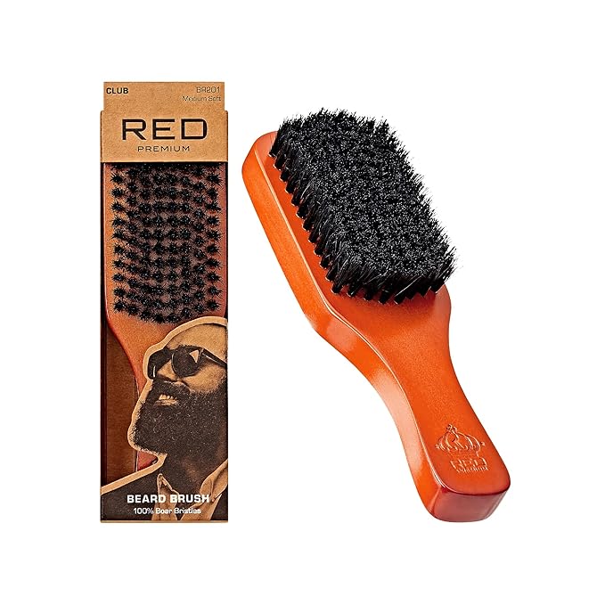 Red by Kiss Beard Brush with 100% Natural Boar Bristles for Men, Premium Wooden Brush, Beards Mustaches Grooming Shaving Comb, Tame and Soften Facial Hair (Club)