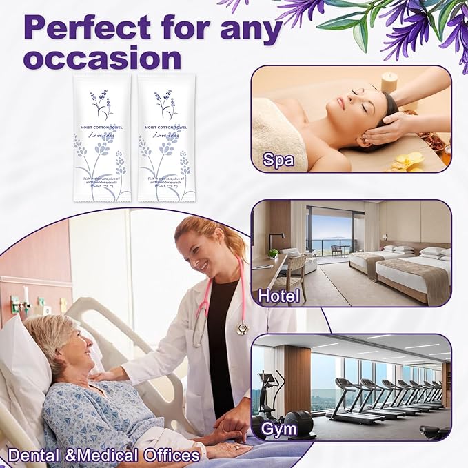 Moist Cotton Towel Bulk Moist Towelettes Individually Wrapped,White Towel Services,Refreshment Pre Moistened Towels for Dentist Travel Sport Party Hotel 100,Lavender