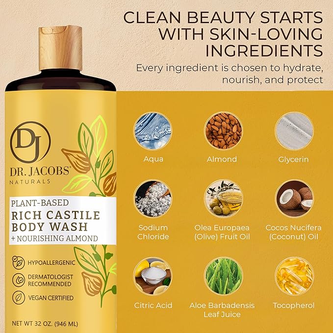 Dr. Jacobs Naturals Pure Castile Soap Liquid Body Wash, Almond - Plant Based Castile Soap Infused with Vitamin E and Aloe Vera to Moisturize Dry and Sensitive Skin - Made in The USA - 16 oz, Pack of 2