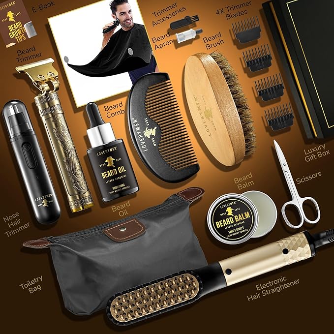 Gifts for Men Who Have Everything, Valentines Day Gifts for Him, Grooming Beard Kit, Beard Trimmer, Nose Hair Trimmer, Hair Straightener Brush, Oil, Balm & More, 15pc Men Care Kit Dad, Birthday Gift