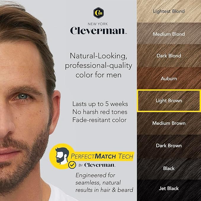 Reusable Hair & Beard Dye for Men – Light Brown | Up to 5 Uses, 7 Minutes | Natural Gray Coverage, No-Drip Cream with SkinArmour® – Cleverman