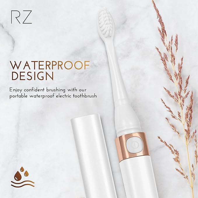 Rachel Zoe Portable Electric Toothbrush for Adults, Battery Operated Compact Sonic Tooth Brush for Trips, Waterproof Travel Toothbrush with Cover, 2 Removable Brush Heads Included, Pink/Rose/Gold