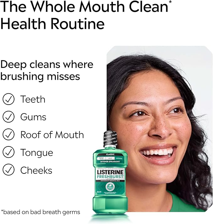 Listerine Freshburst Intense Antiseptic Mouthwash for Bad Breath, Kills 99.9% of Germs that Cause Bad Breath & Fight Plaque & Gingivitis, ADA Accepted Mouthwash, Intense Spearmint, 250 mL