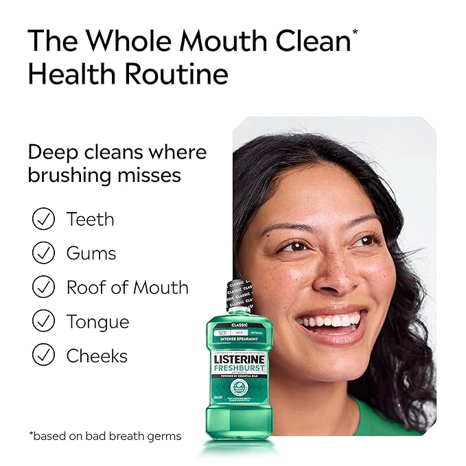 Listerine Freshburst Intense Antiseptic Mouthwash for Bad Breath, Kills 99.9% of Germs That Cause Bad Breath & Fight Plaque & Gingivitis, ADA Accepted Mouthwash, Intense Spearmint, 1 L
