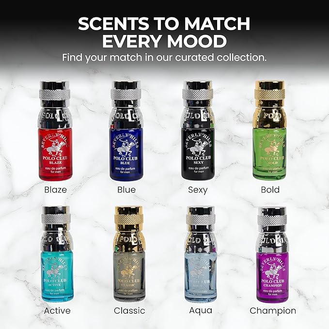 Beverly Hills Polo Club Discovery Collection 8PC Men's Cologne Gift Set - 8 Unique 0.34oz Travel Fragrances - Versatile Scents in Sleek Slider Box for Gifting & Travel