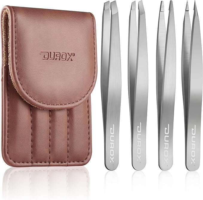 DUROX Precision 4-Piece Tweezer Set 1. Safety Tweezers for Facial Hair Removal for Women 2. Pointed Tip for Ingrown Hairs & Splinters 3. Precision Slant for Eyebrows 4. Classic Slant. Stainless Steel
