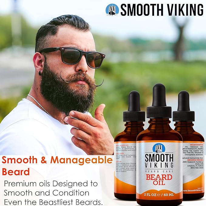 Smooth Viking Beard and Mustache Oil for Men - Argan Formula for Moisturizing, Grooming, and Soothing Dry Skin (2 Oz)
