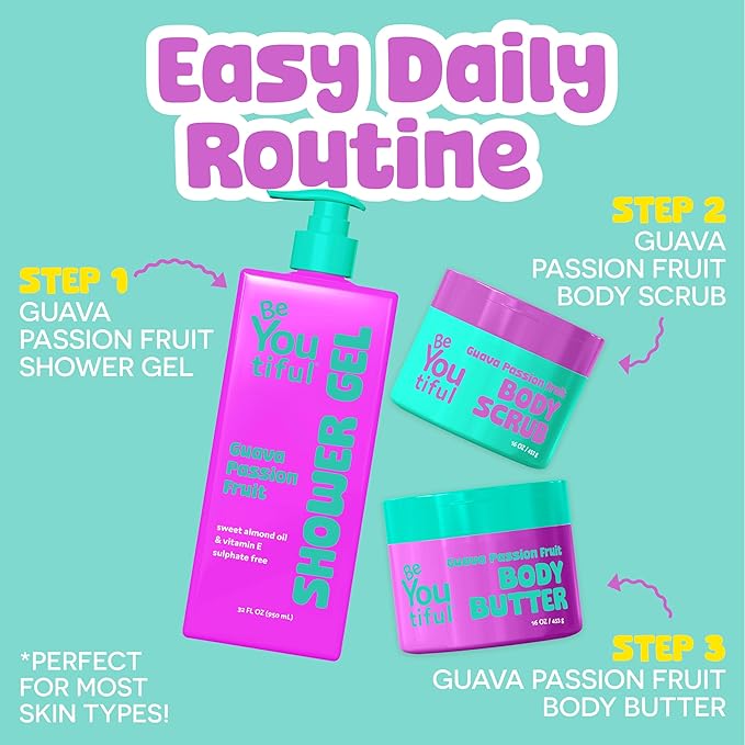 BeYoutiful Natural Hydrating Body Wash for Kids & Teens, Easter Basket Stuffers, Guava Passion Fruit Exfoliating Gel, Acne-Prone Sensitive Skin Care, 32 oz, Easter Gifts for Kids