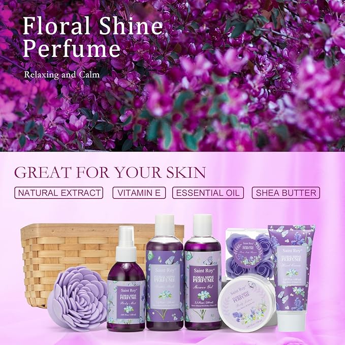 Bath & Shower Spa Basket Gift Set, Perfume Scent spa kit for women w/ Shower Gel, Bubble Bath,Lotions, Bath and Body Christmas Gifts for Women, Self Care Gifts Basket for Her, Birthday Gifts