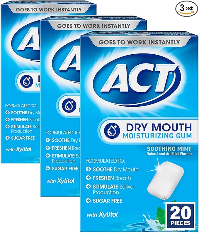 ACT Dry Mouth Moisturizing Gum, 20 Pieces, With Xylitol, Sugar Free Soothing Mint (Pack of 3)