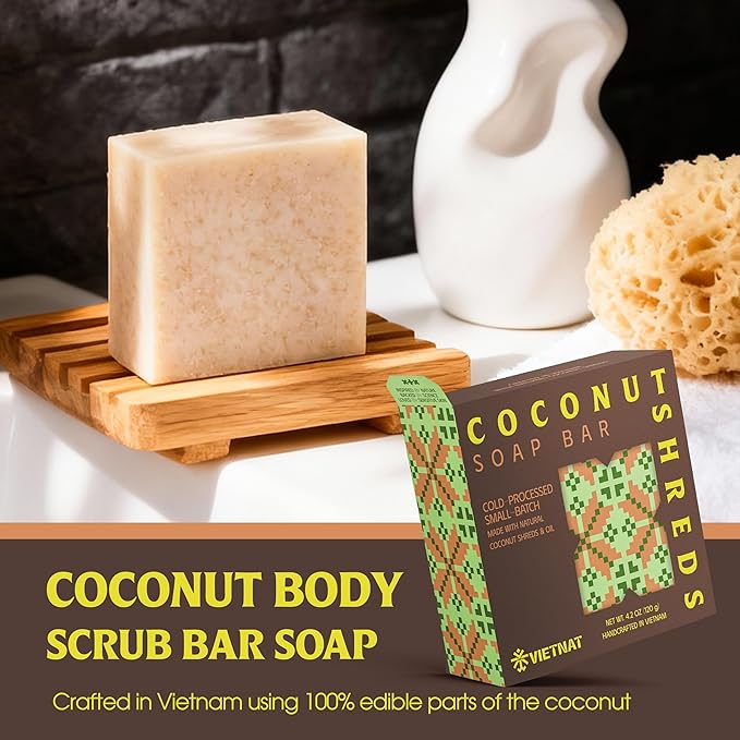 Cold-Process Natural 2-in-1 Luxurious Natural Soap Bar (4.2 oz) with Coconut Shreds | Light Exfoliation & Creamy Lather Body Bar | Cold-Processed, Handmade in Vietnam (Pack of 1)