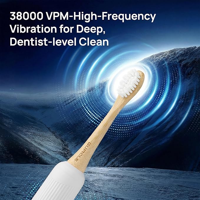 Bamboo Electric Toothbrush for Adults, Electric Toothbrush with 4 Bamboo Heads, Soft Castor Oil Bristles, 5 Modes, Smart Timer, Sonic Technology, IPX7 Waterproof, 70-Day Battery Life-White