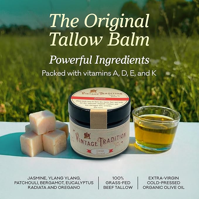 Vintage Tradition Beef Tallow All-Purpose Balm – Healing, Hydrating Jasmine Skin Care Salve – Replaces Body Lotion, Hand Cream & More – Made with Essential Oils, Olive Oil & Grass-Fed Tallow – 2 fl oz
