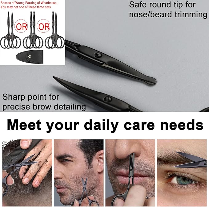 Eyebrow & Rounded Tips Nose Hair Scissors with Carrying Pouch for Men Women,Stainless Steel Small Scissors for Grooming Brow, Beard, Mustache, Eyelashes, Ear Hair,Hair Cutting (Black)