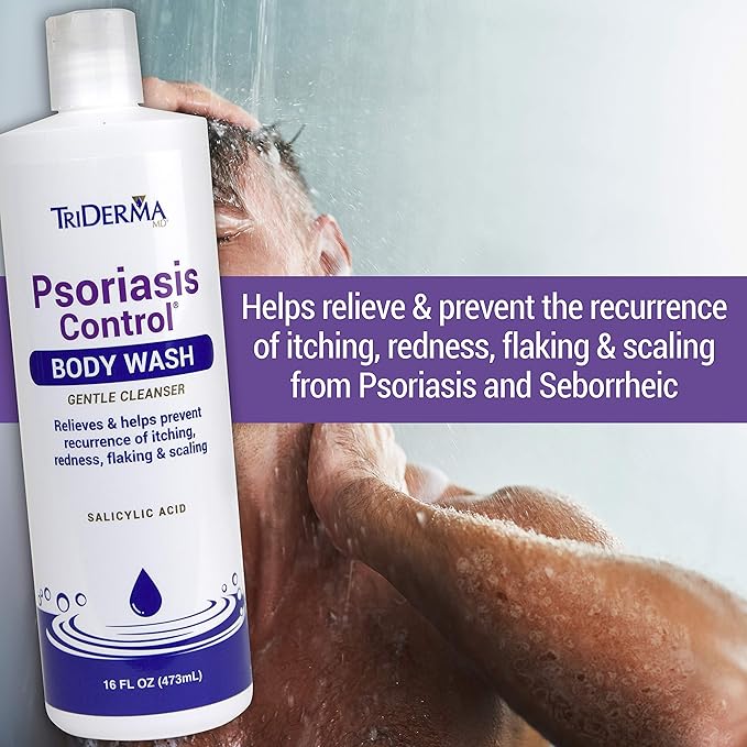 TriDerma Psoriasis Control Body Wash - Gentle 2% Salicylic Acid Cleanser, AP4 Aloe Vera Gel - Psoriasis Treatment Soothes Itching, Redness, Flaking - No Cortisone or Coal Tar - 16 oz