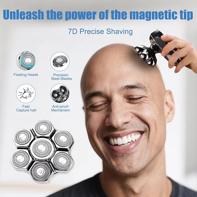 7 Blades Magnetic Head Shaver Replacement Heads Double Ring Waterproof Rotary Razor Blades for Bald Men Compatible with freebird wyklaus shpavver (Silver)