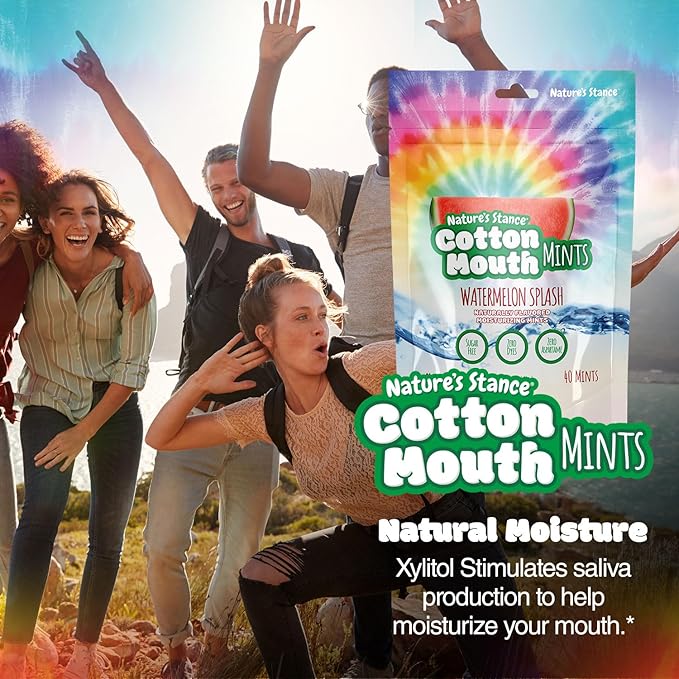 Nature’s Stance Cotton Mouth Xylitol Mints for Dry Mouth Relief - Sugar Free Mints, Stimulate Saliva & Freshen Breath, Throat, Teeth, Gums - Xylitol Lozenges, 40 Count (Watermelon)