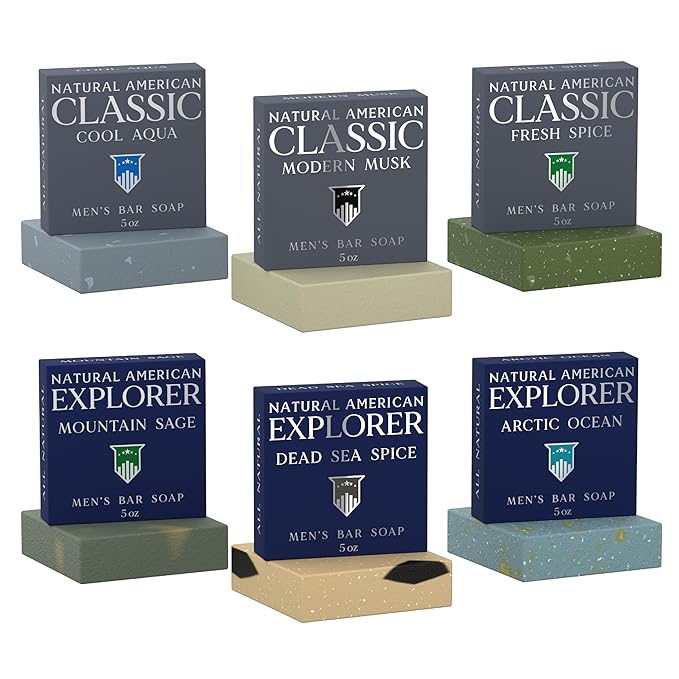 NATURAL AMERICAN Men’s Bar Soap – Mens Cologne Scents, 100% All Natural, Essential Oils, Organic Shea Butter, No Harmful Chemicals – (6pk) Soap for a Man - USA Handmade – 5 oz