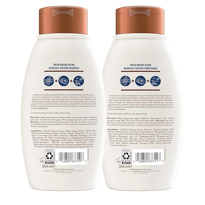 Aveeno Fresh Greens Shampoo and Conditioner Set,Sulfate Free,Clarifying & Volumizing for Thin or Fine Hair,Rosemary Peppermint Cucumber Nourish & Thicken,Color Safe Paraben Free,12 Fl Oz,(Pack of 4)