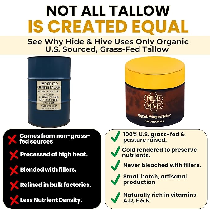 HIDE & HIVE Whipped Tallow Balm – Grass-Fed Moisture for Face, Body & Hands – Organic Beef Tallow for Skin with Royal Jelly & Propolis – Clean, Non-Greasy Balm for Dry, Sensitive Skin