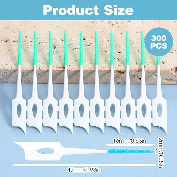 Dental Floss Picks, 300 Pcs Dual-Use Interdental Brushes Soft Silicone Disposable Dental Picks Dual-Ended Toothpick Braces Brush for Effective Teeth Cleaning (Green + Blue)