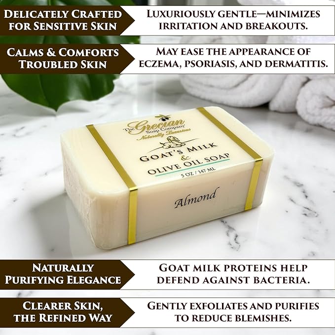 The Grecian Soap Company Goat Milk & Olive Oil Bar 3-Pack – Almond Scent, Natural Moisturizing Soap Bars, Made in USA