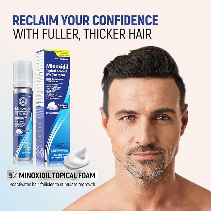 Minoxidil Topical Aerosol Foam, 5%, Hair Regrowth 4 Months Treatment for Men, 2.11 oz (4 Pack)