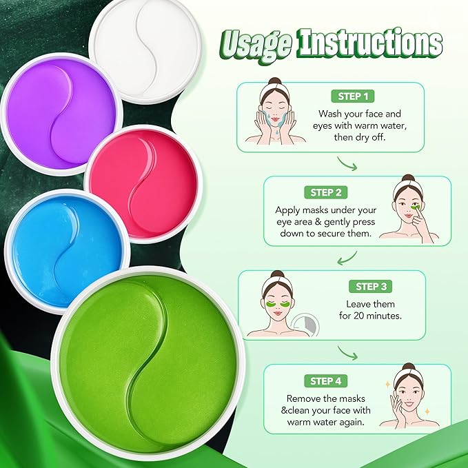 Under Eye Patches - 60 Pack for Puffy Eyes, Dark Circles, Bags & Wrinkles with Hydrolyzed Collagen & Hyaluronic Acid - Eye Care Pads for Daily Skincare (Green)