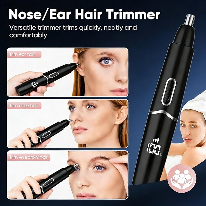 Ear and Nose Hair Trimmer with LED Display for Men Women, Painless USB Rechargeable Eyebrow & Facial & Nose Hair Trimmer Clipper, 10000 RPM Precision Tool Professional IPX7 Waterproof Dual Edge Blades
