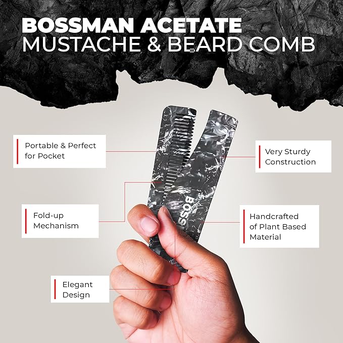 Bossman Acetate Folding Comb for Men – 3.5-Inch Travel Mustache & Beard Comb, Portable Pocket Hair Tool