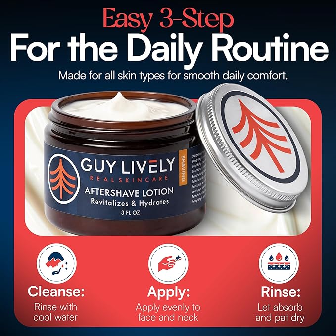 Guy Lively Men’s After Shave Lotion, Unscented Alcohol‑Free Post Shave for Sensitive Skin with Organic Aloe & Hyaluronic Acid, Hydrating Vegan Formula Reduces Razor Burn, Redness & Irritation, 3 fl oz