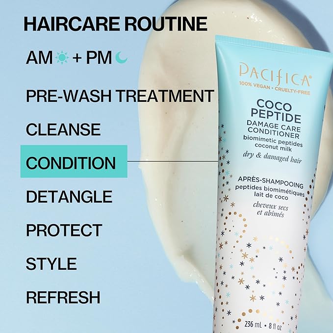 Pacifica Coco Peptide Damage Care Conditioner, Haircare, Repair Split Ends and Breakage, Hair Repair Treatment, Color Safe, For Dry and Damaged Hair, Hair Care, Vegan, 8 fl oz (1 Count)