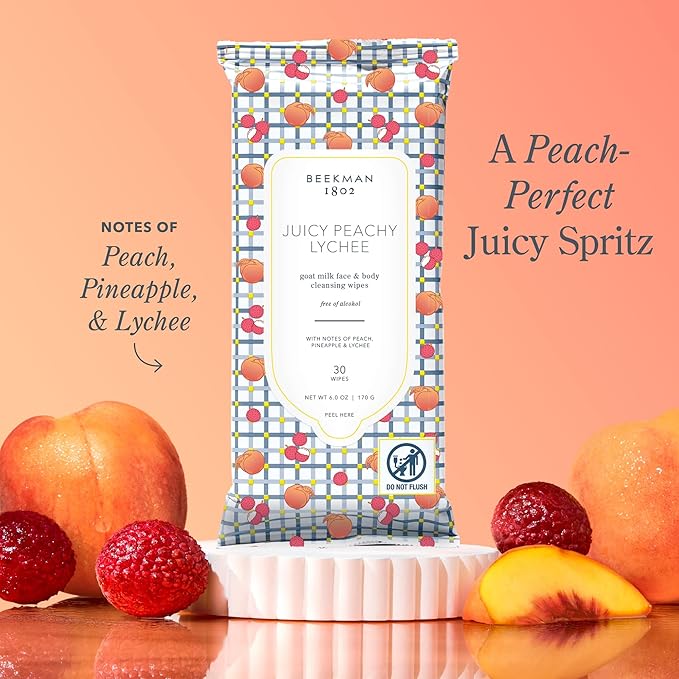Beekman 1802 Face & Body Wipes, Juicy Peachy Lychee, 30 Count - Cleanses Dirt & Makeup - With Goat Milk, Aloe & Vitamin E - Alcohol Free, Biodegradable - Good for Sensitive Skin - Cruelty Free