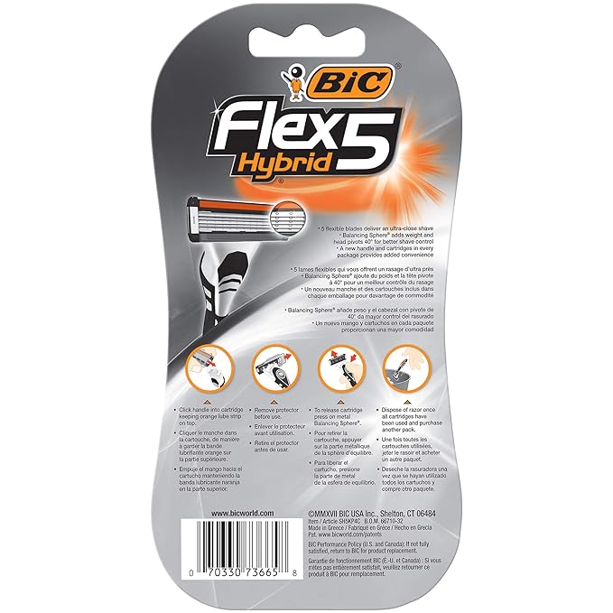 BIC Flex 5 Hybrid Men's 5-Blade Disposable Razor, 1 Handle and 4 Cartridges, 2 Count (Pack of 2)