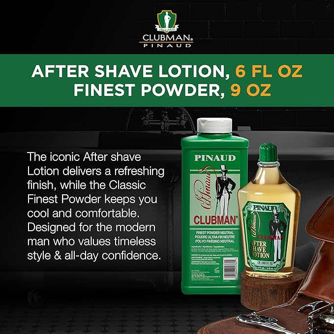 Clubman Pinaud After Shave Lotion, Classic Men’s Aftershave, 6 fl oz Pinaud Finest Powder, Classic White Powder for Men, Protection Against Sweat and Body Odor, 9 oz