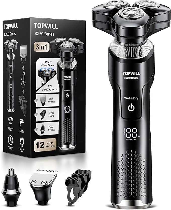 2026 Electric Shaver for Men, 3-in-1 Rechargeable Razor and Trimmer for Face, Beard, Nose, Close Clean Shave, Waterproof Wet/Dry Use, USB-C Charging, New Men’s Gift