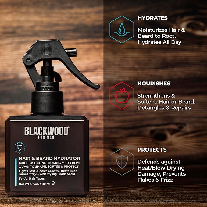Blackwood For Men Hair & Beard Hydrator Spray - Natural Leave-In Conditioner - Moisturizes, Texturizes, Shapes & Detangles - Ideal for Beard Growth & Care - Vegan Men's Grooming Essential (4 oz)