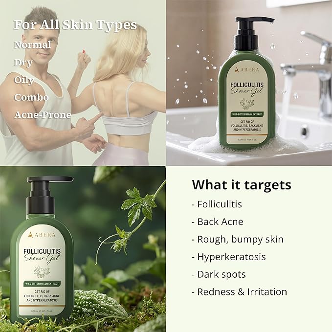 ABERA Folliculitis Shower Gel, High-Performance BHA Body Wash, Wild Bitter Melon Extract, 1 Box + Eye Roller Serum | Eye Bags, Dark Circles & Puffiness Treatment | Mint Essence with Vit C & Peptides