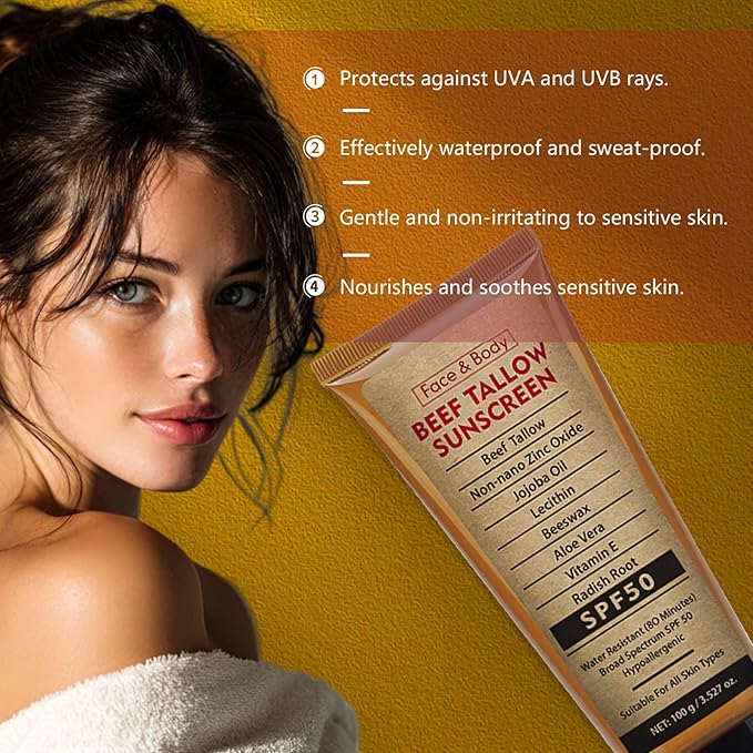 Beef Tallow Sunscreen with Zinc Oxide for Body Facial, Non-Toxic Natural Mineral Sunscreen Reef Safe Sunblock SPF 50,Clean Non-Greasy (For Sport or Daily Use), 3.5 OZ, Applicator Mitt
