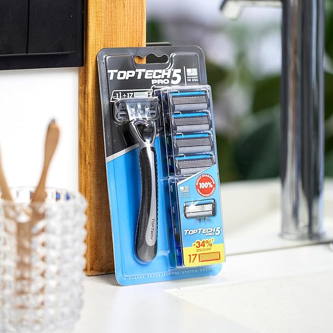 Toptech PRO 5 Razors for Men - Manual Shaving Razor & Replaceable Cartridges - 5-Blade Technology - 18 Count Pack (1 Handle + 17 Refills) - Soft Shave & Sharp Blades - Cost-effective Refill