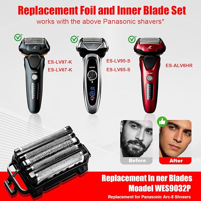 1Pack Replacement Blades and Foil Compatible with Panasonic ARC5 5-Blade Shavers, Compatible with WES9032P ES9032 ES9034 ES9036 ES9038, Fits Models ES-LV61, ES-LV65, ES-LV67, ES-LV95 1Cleaning Brush