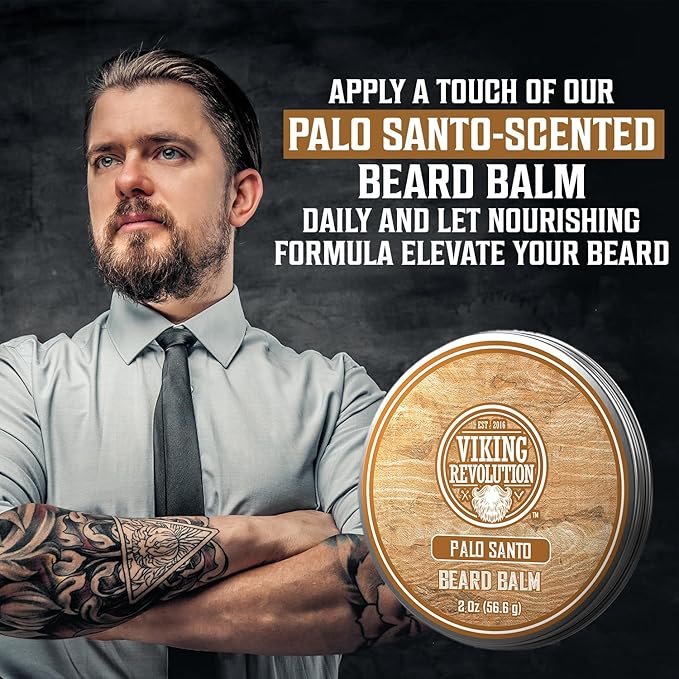 Viking Revolution Palo Santo Beard Balm for Men - Beards Butter for Men with Argan Oil and Jojoba Oil - Beard Softener and Moisturizer for Mens Beards Styling Balm (1 Pack, 2oz)