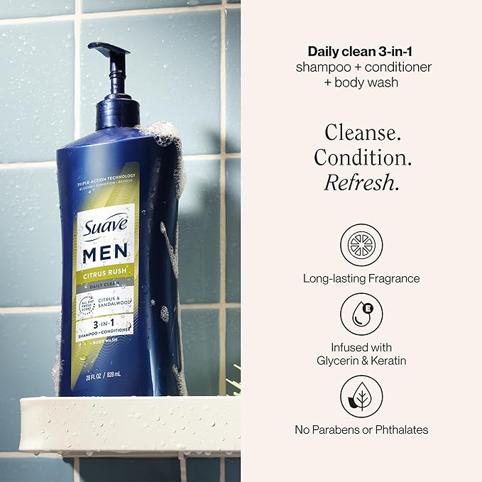 Suave Men Citrus Rush Daily Clean 3 in 1 Shampoo, Conditioner & Body Wash with Glycerin & Keratin Hydrates & Smooths Hair, Citrus Scent, 4 Count, 28 FL OZ Pump